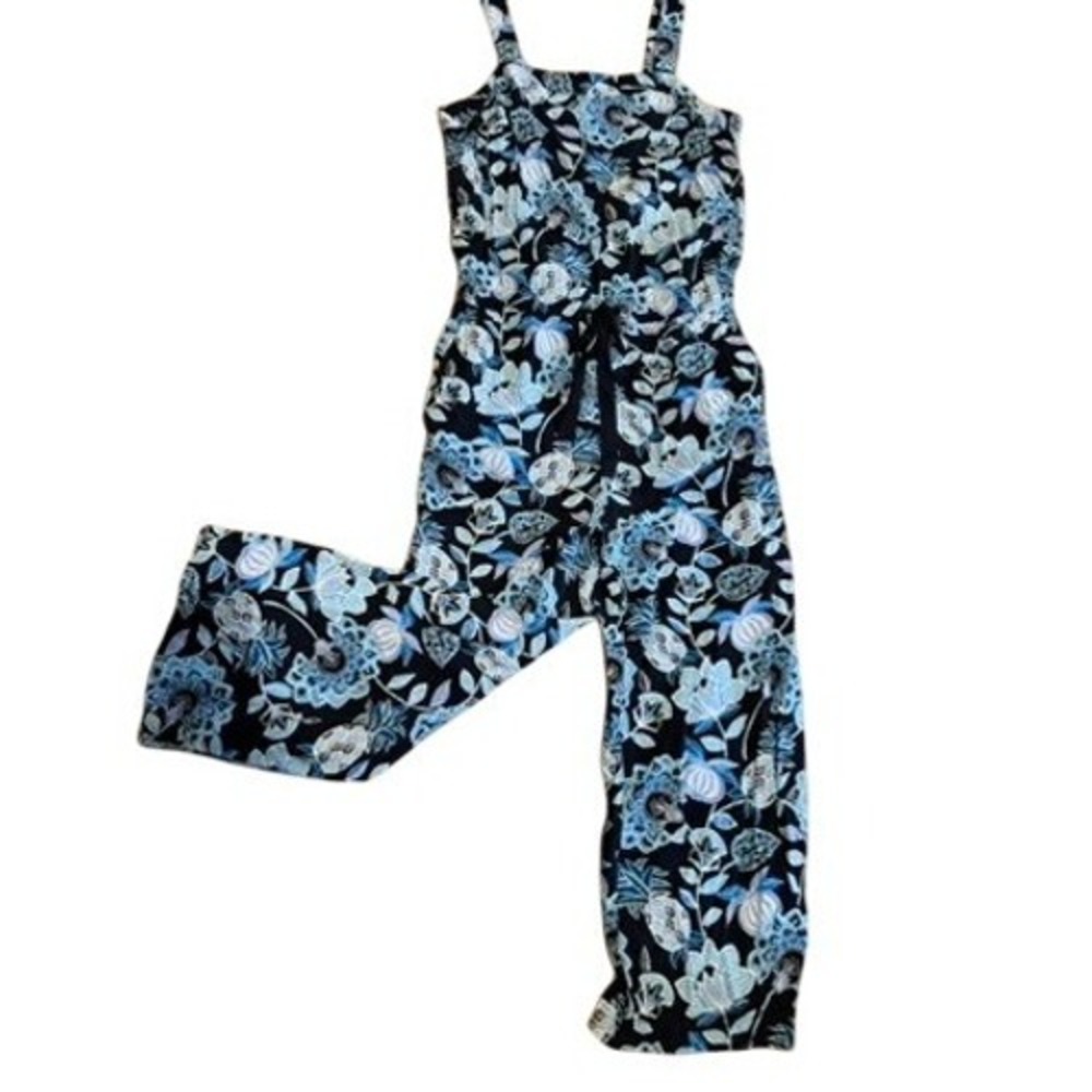 LOFT Floral Jumpsuit‎ Size 4 Blue Black Wide Leg Tie Waist Summer Outfit